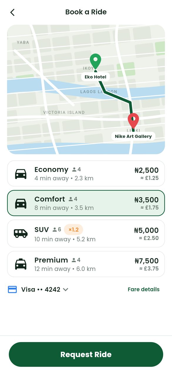 Choosing a ride type, with prices in naira and pounds