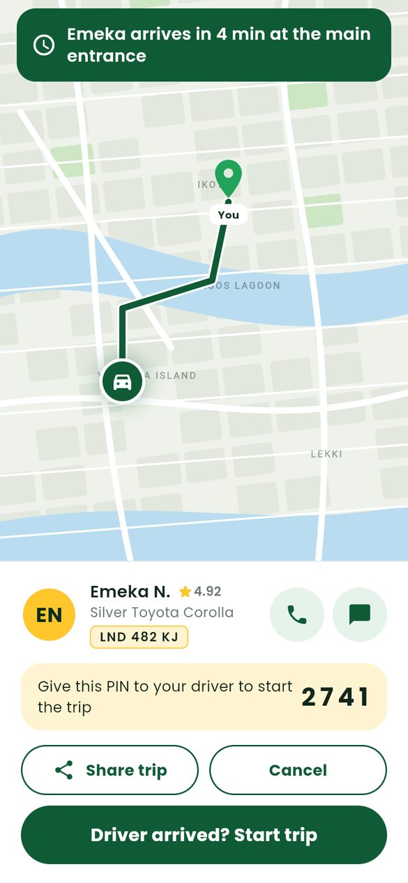 Driver on the way, with the car details and trip PIN