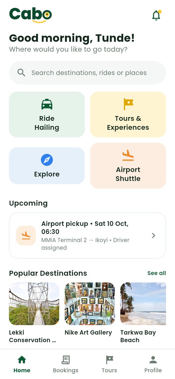 The Cabo app home screen with shortcuts for rides, tours, Explore and airport shuttles