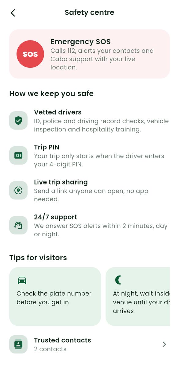 The safety centre with SOS and trip sharing